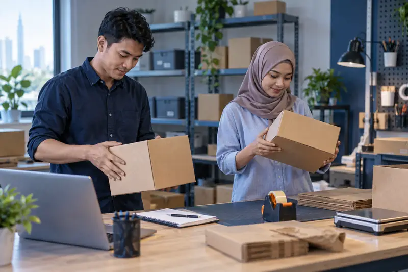 Dua rakan sekerja memegang bungkusan berasingan